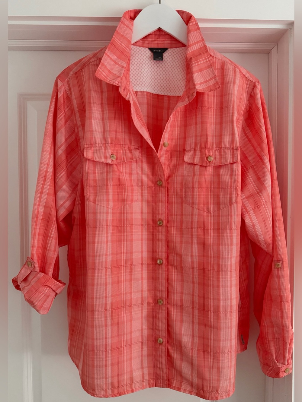 Eddie Bauer Women’s Outdoor Hiking  Coral Plaid Button-Up Shirt. Size 2XL